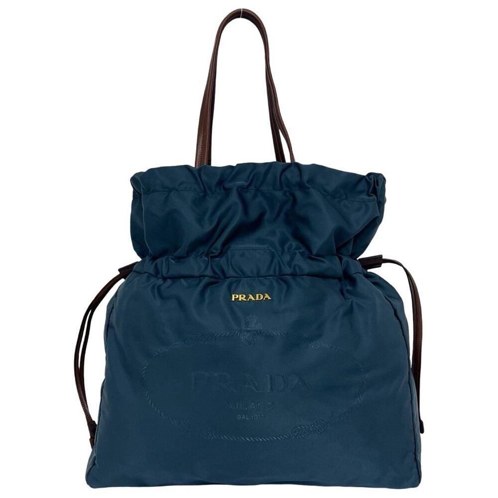 PRADA Prada Logo Hardware Tessuto Pocono Nylon Leather Drawstring Tote Bag Se...